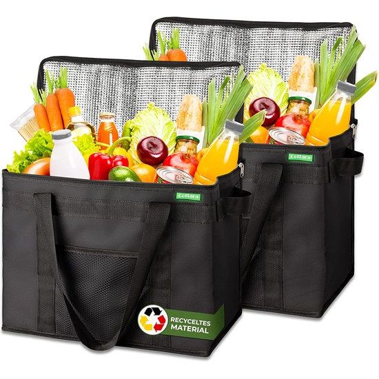 Opvouwbare koeltas, pak van 2 stuks, gerecycled materiaal, duurzame boodschappentas, groot met versterkte bodem, ideaal als geïsoleerde tas, winkelmandje, picknicktas (Zwart, 40 x 24 x 31 cm)