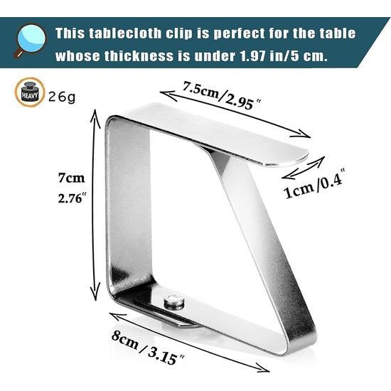 Tafelkleedklemmen, set van 12, grote tafelklem, tafelklem, tafelklem, roestvrij staal, tafelkleedhouder voor binnen en buiten, 8 x 7 cm voor dikte 3-5 cm