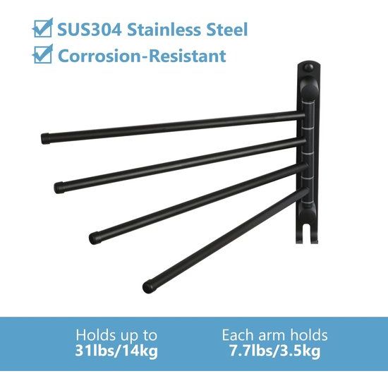 Stainless Steel Towel Rail Bathroom Swivelling 4 Arms Towel Rail Wall Mounted 32 cm Brushed Towel Rail for Kitchen, Toilet, Wardrobe and Bathroom, Black