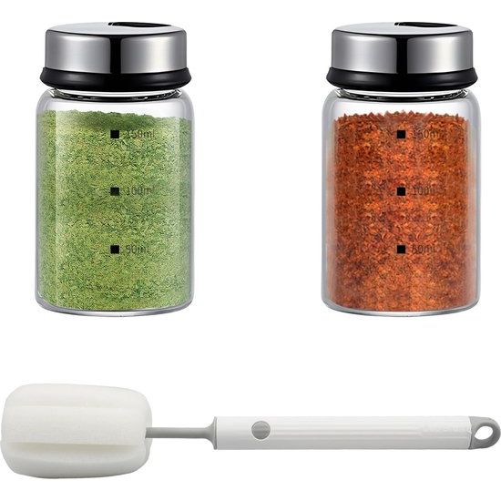 Kruidenpotjes met draaidekop, 2 stuks, van borosilicaatglas, 150 ml, kruidenpotjes met 4 soorten kruidengaten voor de keuken, grillen in de open lucht, bbq, koken