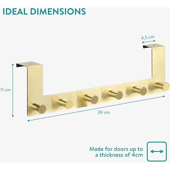 Deurhaken om op te hangen, handdoekhouder, kledinghaken voor keuken, hal, garderobe, deurgarderobe van roestvrij staal, voor deuren tot 4 cm, goudkleuren