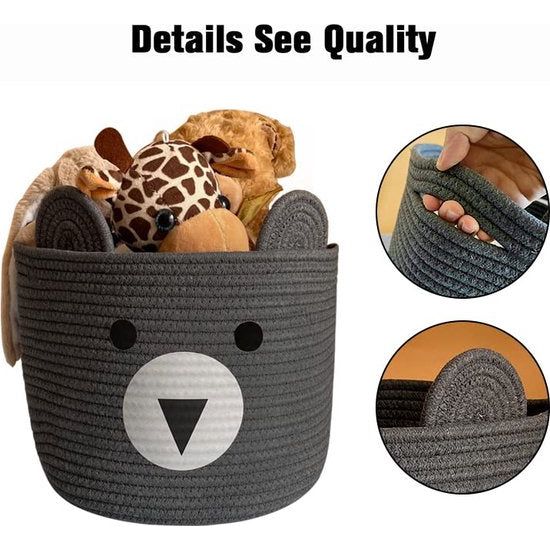 Opbergmand voor kinderen, babyspeelgoed, katoenen touw, gevlochten wasmand, klein, opvouwbaar, kinderkamer, decoratie, mand, grijze beer (28 x 28 x 24 cm)