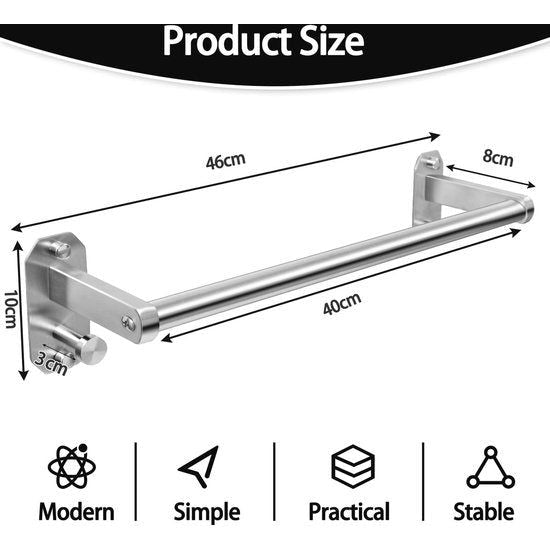 Towel Rail No Drilling Brushed Stainless Steel 40 cm, Screws or Self-Adhesive Way, Stylish Towel Holder for Kitchen, Guest Bathroom, Shower Door, Washbasin, Bathroom