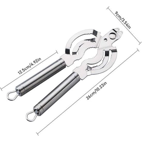 Ovenfner 8-in-1 multifunctionele opener, handmatige blikopener, met roestvrijstalen buchsenkachel en flesopener, ergonomische handgreep, geschikt voor oudere senioren met artritis, zwakke handen