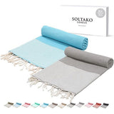 XXL 2X Fouta strandhanddoek handdoek saunahanddoek badhanddoek hamamdoek yoga deken pestemal in aqua & pastelgrijze kleuren als cadeauset extra groot, 100 x 200 cm