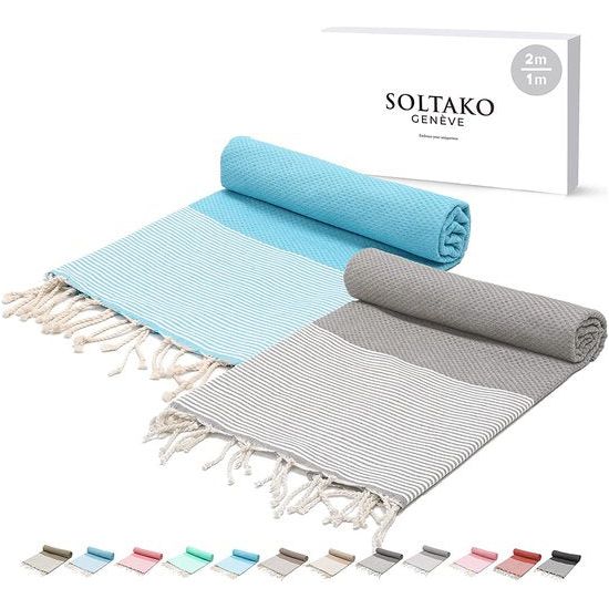 XXL 2X Fouta strandhanddoek handdoek saunahanddoek badhanddoek hamamdoek yoga deken pestemal in aqua & pastelgrijze kleuren als cadeauset extra groot, 100 x 200 cm