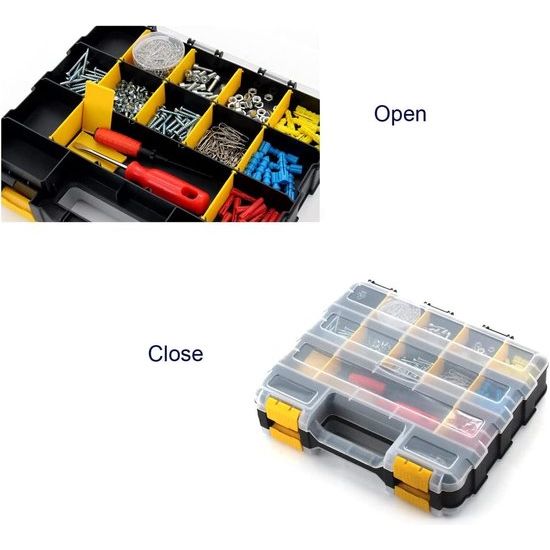 Dubbelzijdige gereedschapskist met verwijderbare kunststof scheidingswand, opslag van hardwaredoos, 34-vakken, uitstekend geschikt voor schroeven, moeren, kleine onderdelen, zwart/oranje