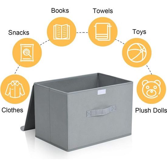 Pack of 4 Storage Boxes with Lid, Foldable Storage Box with Handle, Fabric Storage Baskets, Wardrobe Organiser, Folding Box for Clothes, Books, Light Grey