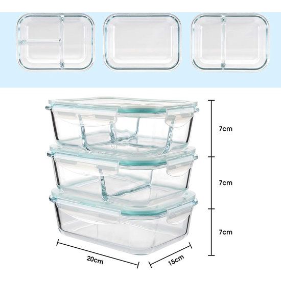 Vershouddozen glazen set, vershouddozen van glas met deksel, voorraaddozen, glas, meal prep dozen, glazen opbergdoos (1040 ml, 1 kamer + 1040 ml, 2 kamers + 1040 ml, 3 kamers)