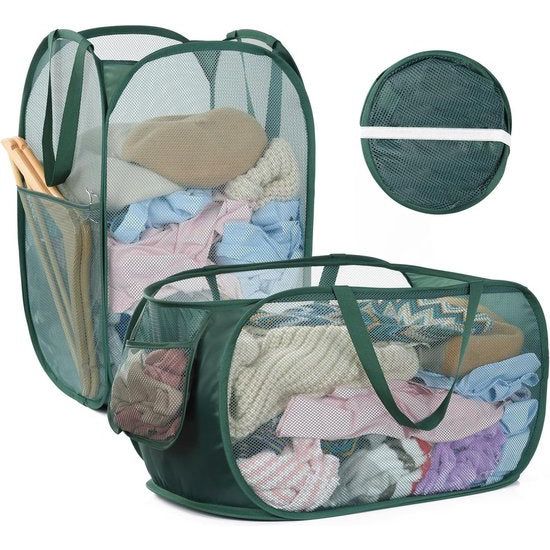 Opvouwbare wasmand, 2 stuks, 70 liter, pop-up wasmand, inklapbaar, groot met mesh, 36 x 36 x 58 cm, laundry manden met handgrepen, opvouwbare stoffen mand, statiegeldflessen, verzamelbak
