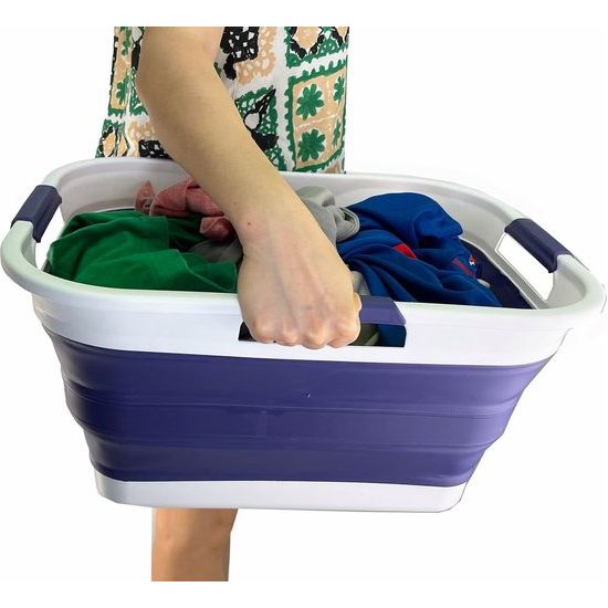 30 l opvouwbare wasmand van kunststof, opvouwbare pop-up opbergbak/organizer, draagbare wasbak, ruimtebesparende wasmand (1, wit/marineblauw)