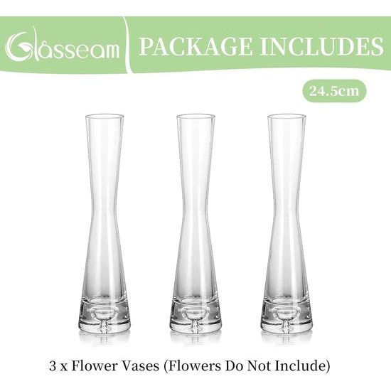 Bloemenvaas, modern, glazen vazen, smal: 3-delig, 24,5 cm hoog, blomus vaas, glas, set, handgemaakte smalle vazen, tafeldecoratie, woonkamer, eettafel, tulpenvaas, decoratieve vaas voor