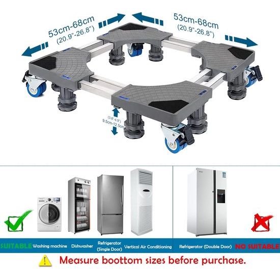 Onderstel voor wasmachine, dubbele buizen, 8 poten en 4 wielen voor wasmachine, koelkast en droger, verstelbare wasmachinesokkel met antislip schokdempingsfunctie