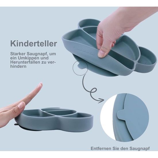 Babybord met antislip zuignap, siliconen kinderbord met deksel en lepel, babybord, onderverdeeld, kleine kinderen, serviesset met geschenkdoos, BPA-vrij en vaatwasmachinebestendig, blauw