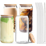 Aikio drinkglazen met bamboe deksels en glazen rietjes, 4 sets 16 oz ijskoffiemokken blikvormige glazen bekers bierglazen pintglazen geweldig voor watercocktail whisky frisdrank cadeau