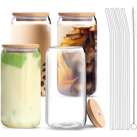 Aikio drinkglazen met bamboe deksels en glazen rietjes, 4 sets 16 oz ijskoffiemokken blikvormige glazen bekers bierglazen pintglazen geweldig voor watercocktail whisky frisdrank cadeau