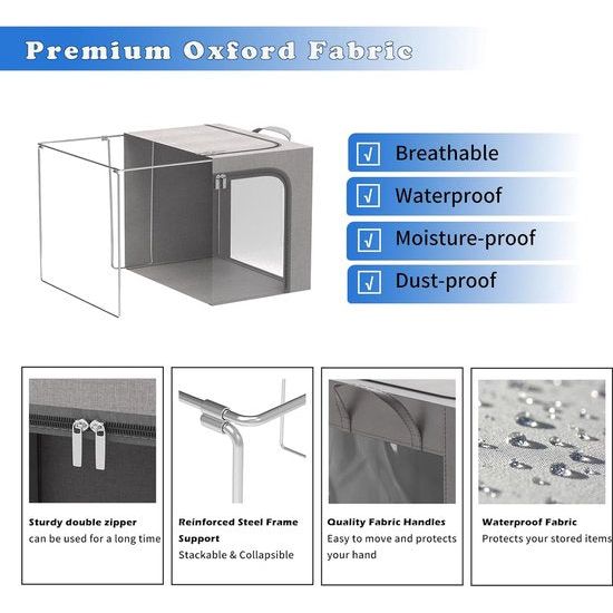 2 stuks opbergdozen voor kleding, opvouwbare kledingopbergbox met metalen frame en 3 ramen, opbergtas voor dekbedden, dekens en kleding, grijs (100 liter)