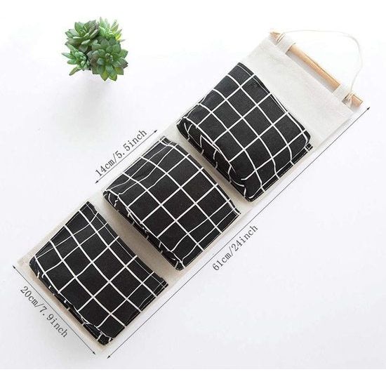 3-delige hangende opbergtas, opvouwbare linnen stof muurhangende manden organizer met 3 zakken voor kinderkamer badkamer (zwart/grijs/wit)