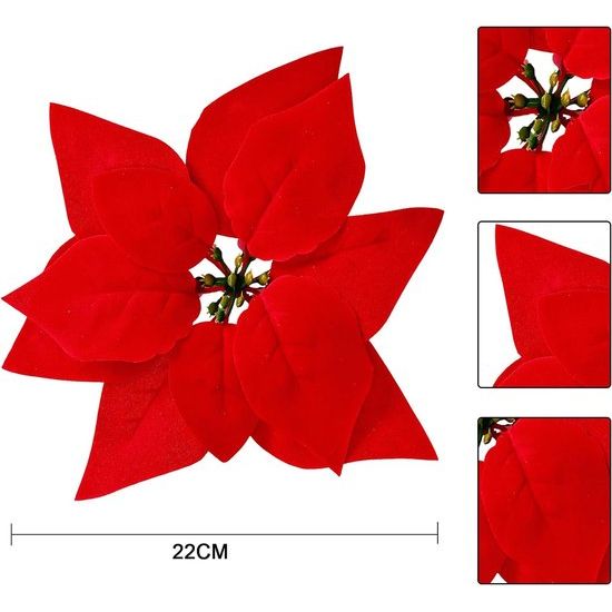 Pack of 15 22 cm Artificial Christmas Flowers with Clip Christmas Tree Poinsettia Ornaments for Wreath Wedding Party Decoration (Red)