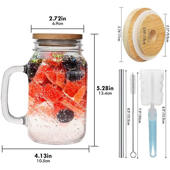 Wuciray drinkglas met rietje en deksel 750 ml weckpot drinkglas met houten deksel van helder glas drinkglazen set van 4 voor milkshakes, sappen, smoothies, bier