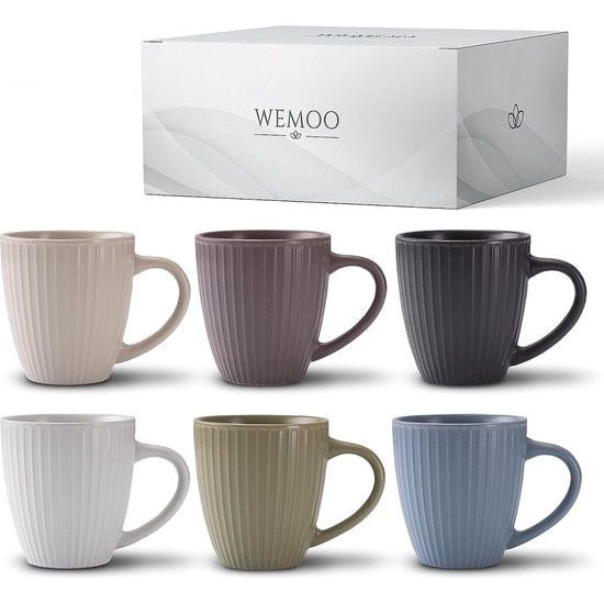 Koffiemokken, set van 6 stuks, 400 ml, elegante kopjes met groot handvat, set van 6 stuks, mat, pastelkleuren, moderne theekopjes (kopjes)