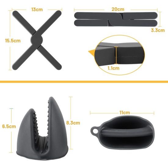 4 x siliconen pannenonderzetters, hittebestendige pannenonderzetters, opvouwbaar met ovenhandschoenen, pannenlap, hittebescherming, hete pannenlap, onderzetter voor potten, hete pannen schalen, zwart