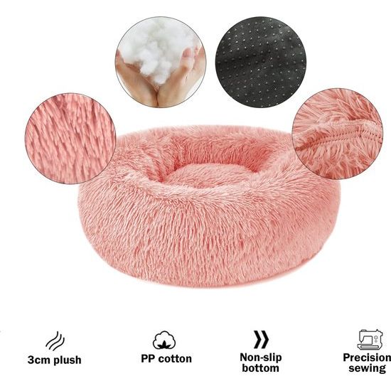 Kattenmand pluizig rond gemaakt van pluche - donut knuffelig hondenkussen hondenmand wasbaar S/M/L/XL/XXL voor kleine, middelgrote en grote honden, katten en andere huisdieren (M-50cm, roze)