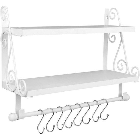 Wandrek, zwevend hangrek, 2 etages, kruidenrek, keukenrek voor keuken, wandrek, organizer, badkamerrek met 8 afneembare haken, voor badkamer, woonkamer, hal