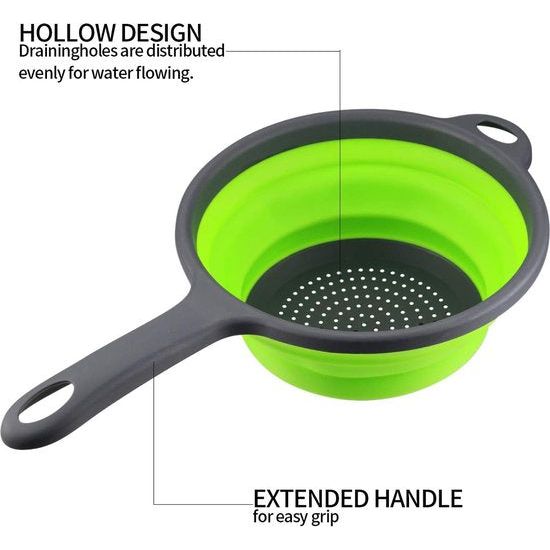 Set van 2 opvouwbare siliconen filtermanden met handvat, opvouwbare vergietzeef, siliconen opvouwbare vergiet pastazeefset, keukenzeef waskom voor pasta, fruit, groenten (groen)