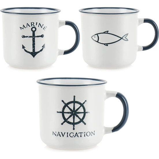 3 x keramische koffiemokken, maritieme koffiekopjes voor thuis en op kantoor, koffiepot voor koude en warme dranken [keuze varieert], 3 stuks, wit/blauw