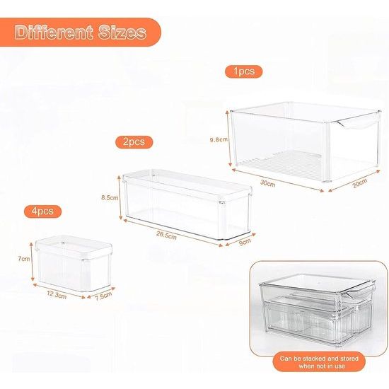 Koelkastorganizer, set van 7, stapelbare opbergdoos, koelkastdozen, containers, keukenorganizer met deksel en handvat voor keuken, koelkast, box, planken, badkamers,