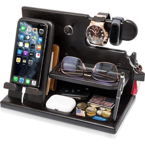 Docking station & bureau organizer hout met mobiele telefoonstandaard zwart voor kantoor opslag & organisatie/geschenken van hout voor mannen/heren cadeaus voor Kerstmis verjaardag