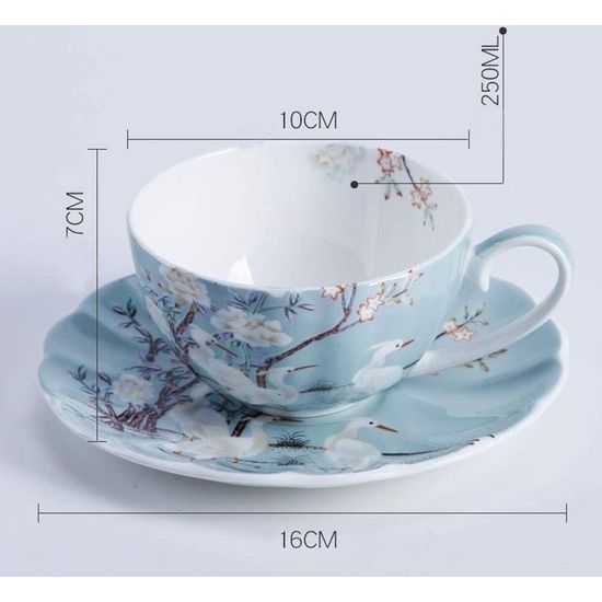 8 oz koffiekop en schotel, blauw fijn porselein, kleurrijke bloemen, witte kraan porseleinen theekop en schotel