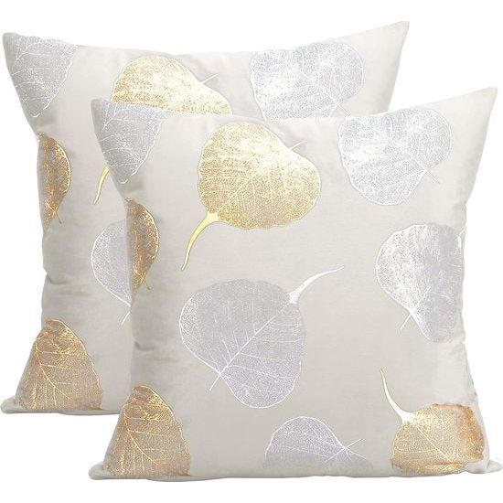 Fluwelen kussensloop, 45 x 45 cm, set van 2 stuks, crème, decoratieve kussenhoezen met bladpatroon, sofakussen, decoratieve kussenhoezen met verborgen ritssluiting, voor woonkamer, slaapkamer