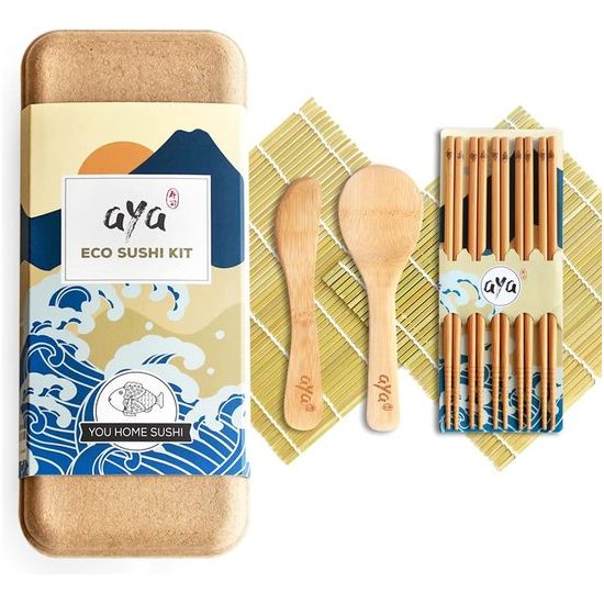 Original Aya Eco Sushi Kit, DIY Sushi Set, All Natural, Eco-Friendly, Biodegradable Bamboo, 2 Sushi Mats, 5 Pairs Chopsticks, 1 Spoon, 1 Spatula