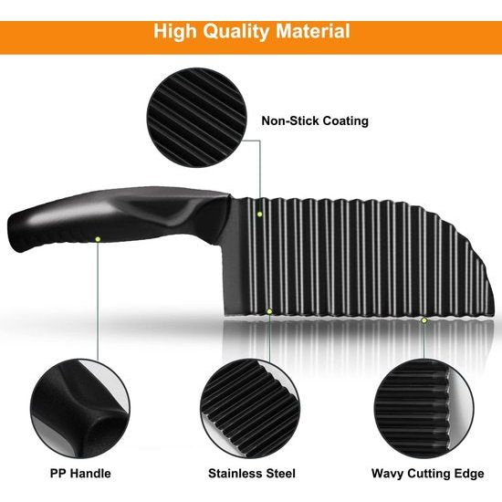 2 stuks gekleurd mes voor gekarteld snijden van roestvrij staal, golvend aardappelmes, golfmes, golfsnijmes voor groenten, fruit, fruit, aardappel, zwart