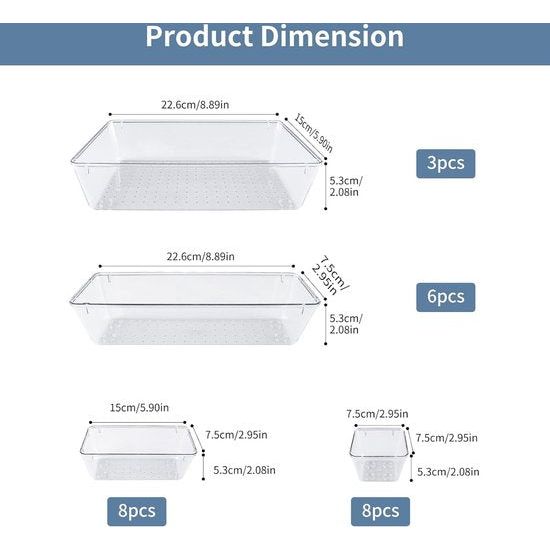 25 stuks lade-opbergsysteem, lade-organizer, transparant, kunststof, met 4 maten, make-up-organizer, te gebruiken voor make-up, organizer, keuken, badkamer, kantoor