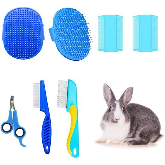 Verzorgingsborstel voor konijnen, kleine housdierharen, borstelset, massageborstel, haas nagelknipper, kleine huisdierverzorgingsset voor katten, puppy's, konijnen, hamsters, blauw