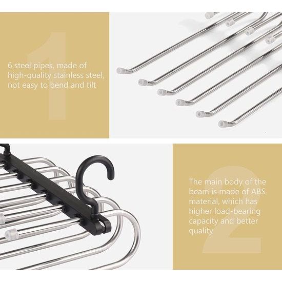Kledingbroekhanger, ruimtebesparende kasthanger, 6 lagen, 2 toepassingen, multifunctionele broeken, opbergrek, kledingkast, organizer, rekken voor kleding, broeken, sjaals, stropdassen (zwart, 2 stuks)