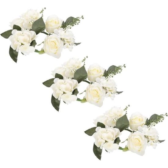 Set van 3 kaarsenringen voor conische kaarsen, rozen kaarsenkrans, bloemenkrans, decoratieve krans, rozenkoppen krans, hanger voor Pasen, bruiloft, Valentijnsdag, middenstukken, tafeldecoratie, wit.