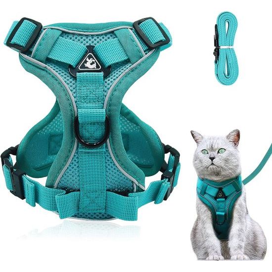 Verstelbaar kattenharnas, anti-ontsnapping, kattenharnas met riem, zacht harnas voor katten, borstharnas voor katten, kitten, honden, puppy's (blauw-meer, M)