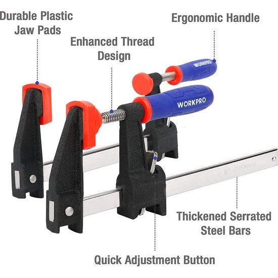 Schroefklemme set 4 stuks steeksleutels, spanwijdte 150 mm/300 mm, spankracht 272 kg, uitlading 80 mm, staal en nylon voor houtbewerking draaien vastzetten van houten werkstukken