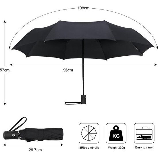 Paraplu, 8 roestvrijstalen ribben Open-dicht automatische zakparaplu met parapluzak, Teflon-coating, winddicht, klein, lichtgewicht, compact, reizen, golfparaplu, zwart