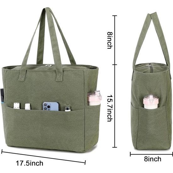 Grote strandtas met ritssluiting dames waterdichte schoudertas draagtas shopper zanddicht met ritssluiting zwembad fitness reistas familie, legergroen canvas