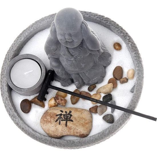 figuur, Japanse miniatuurtuin, Feng Shui wierookstokjeshouder, esoterische set met 3 wierookstokjes - geluksbrenger uit het boeddhisme en het daoïsme (grijs)