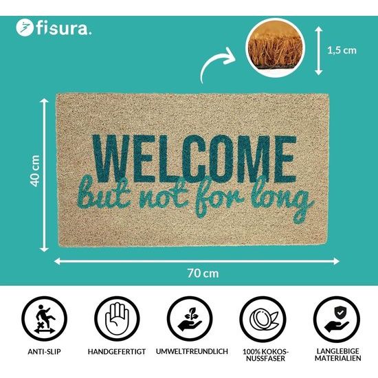 Originele deurmat not for long "van kokosnoot met antislip PVC-achterkant. Deurmat voor de ingang van het huis. Wit-blauwe deurmat. Handbeschilderd. Afmetingen: 70 cm x 40 cm.
