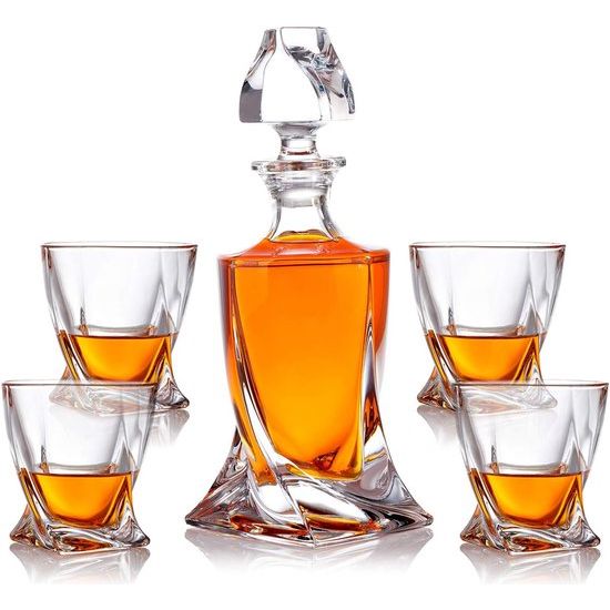 5-delige whiskyset karaf drinkglazen - geschenkset van glas - whiskykaraf 800 ml met 4 whiskyglazen 300 ml voor rum, scotch, cognac - mannencadeau - met geschenkdoos