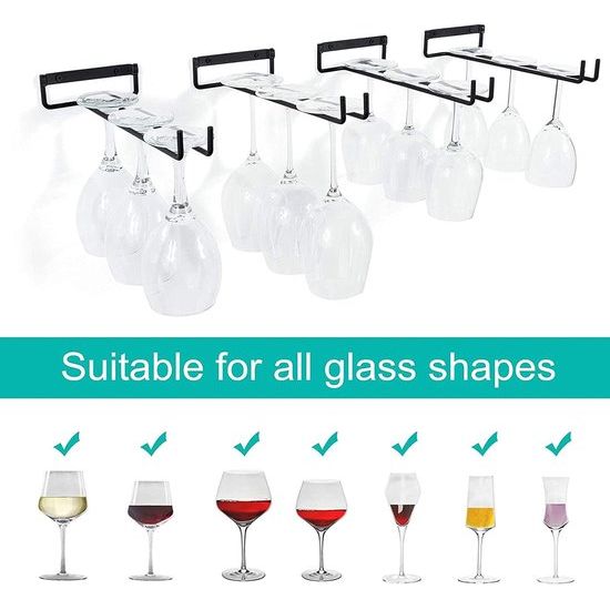 Wijnglashouder, 4 stuks glashouders om op te hangen, metaal, wijnglazen, houder, glazenrailhouder, onder kast, hangend wijnglasrek voor keuken, bar, restaurant, 30 cm, zwart