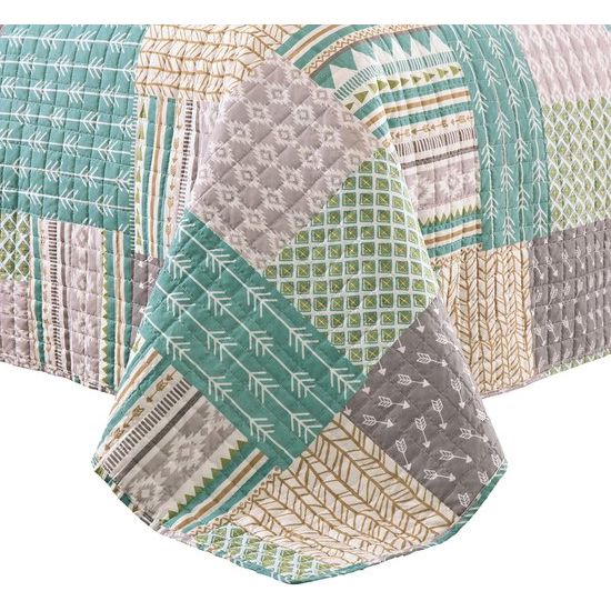 Sprei, 150 x 200 cm bedsprei, geruit, gewatteerd patroon, patchwork-quilt, omkeerbaar ontwerp, sprei, voor eenpersoonsbed, gevoerd