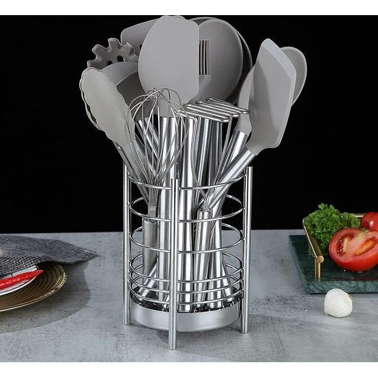 Keukengereihouder voor keukenaanrecht, roestvrij stalen gebruiksvoorwerpen, opberg-caddy-organizer, kookgereihouder, keukengerei, eenvoudige reiniging (zilver